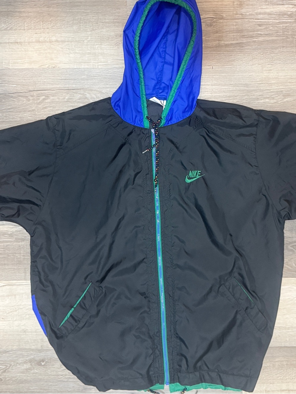 Vintage 90’s Nike Black Windbreaker with Blue Hood and Green Trim